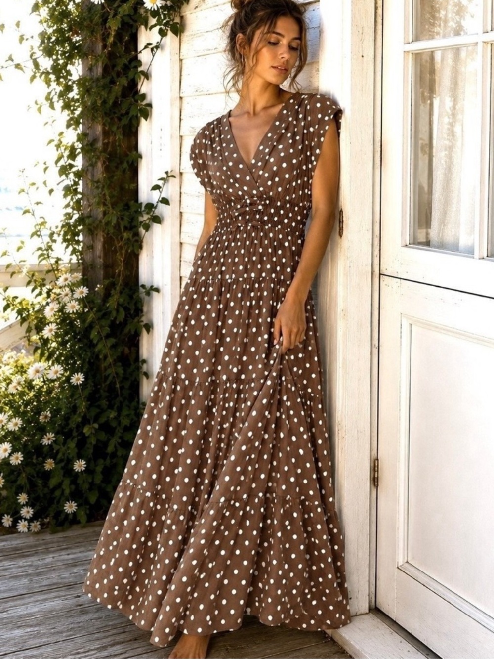 Anthropologie Meadow Rhodes Brown Polka Dot Maxi Dress with V-Neck